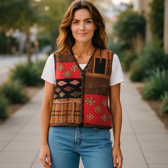Susan Bristol Vest Women Medium Neutral Tones Metal Hand Embroidered Pocket - Picture 1 of 11